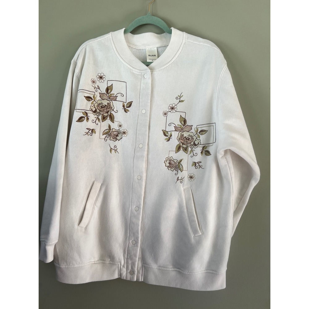 Blair Ivory Floral Embroidered Snap Front Sweatshirt XL Cream Rose Vintage